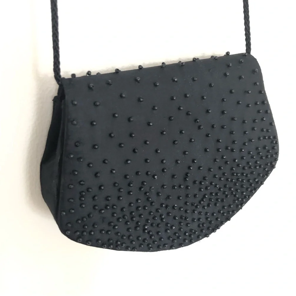 La Regale Vintage Clutch Black Beaded Satin Purse